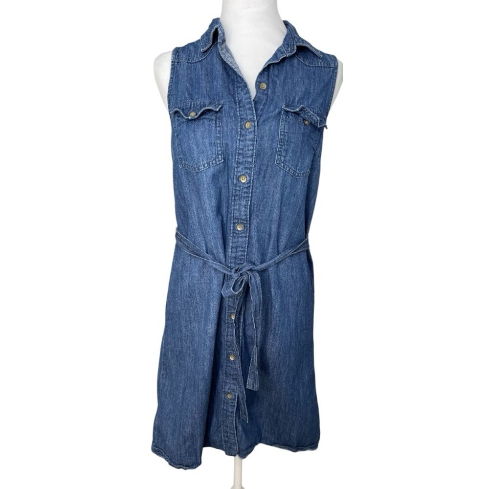 Universal Thread Blue Button Sleeveless Down Raw Hem Denim Dress XSmall Casual - Picture 2 of 11